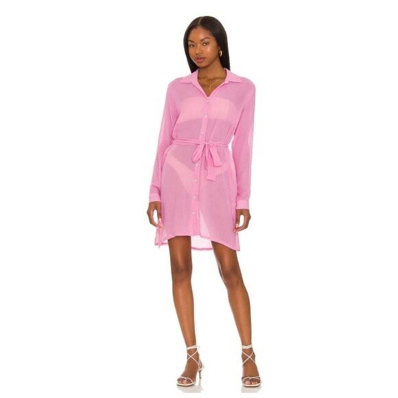 NWT LVHR Nikki Belted Button Down Shirt Cover Up S Pink Panther Oversized Bamboo - Picture 1 of 11